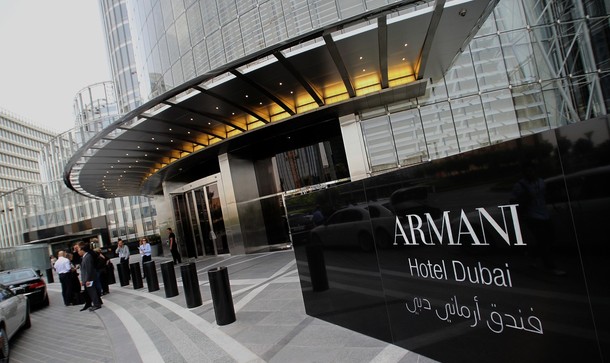 People stand outside Dubai's Armani hote